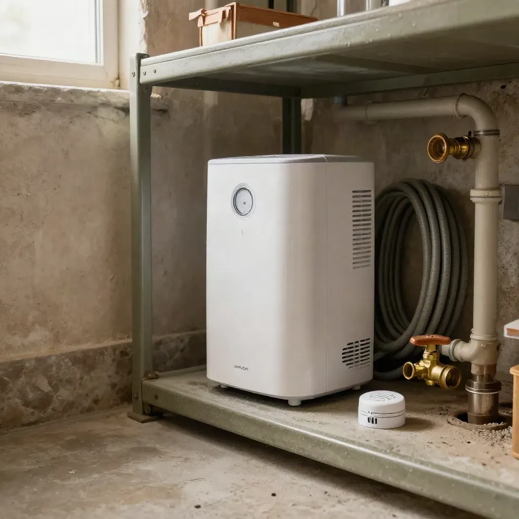 Basement utility shelf with dehumidifier, shutoff valve, water alarm, and coiled hose by a foundation wall.