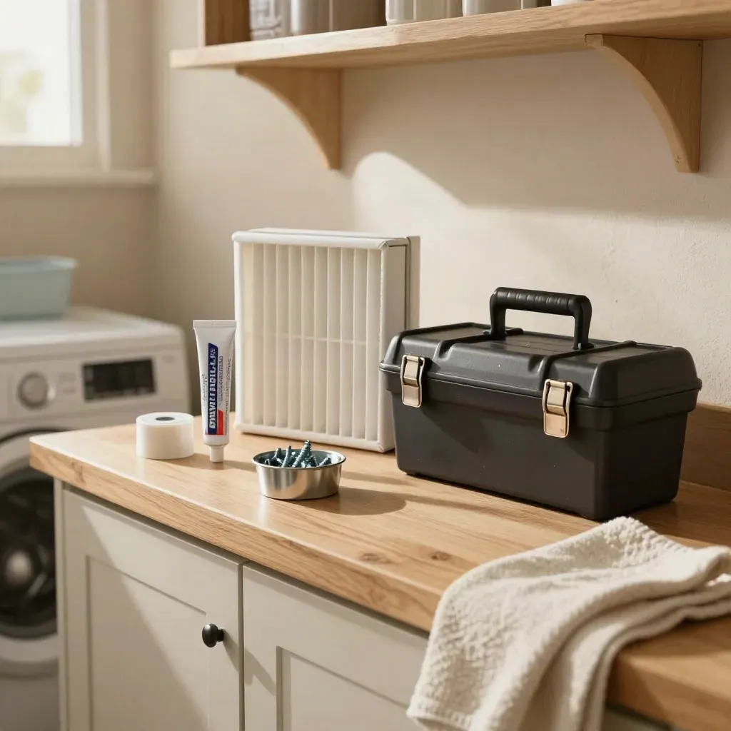 Maintenance kit on a laundry counter with caulk, weatherstrip, filter, screws and toolbox