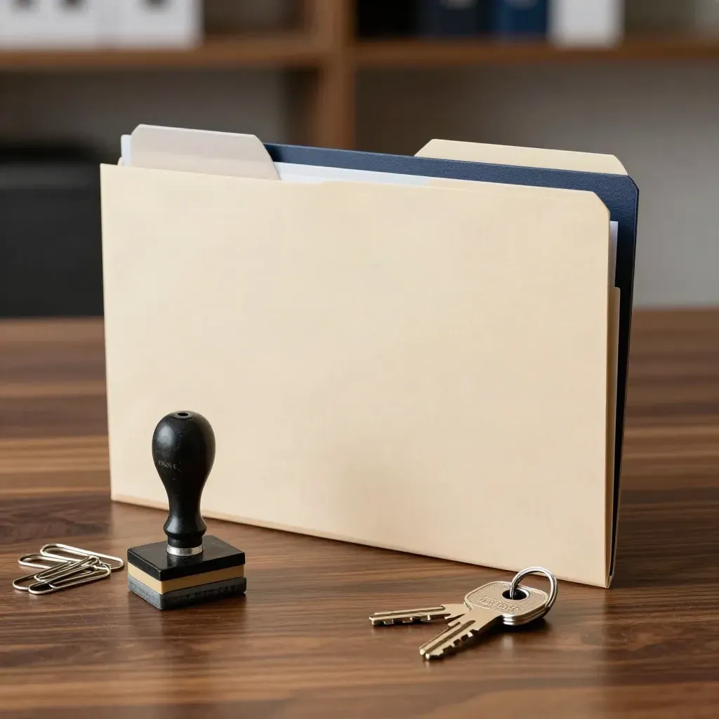 Closed mortgage prep folder, notary stamp, paperclips and key ring on walnut wood