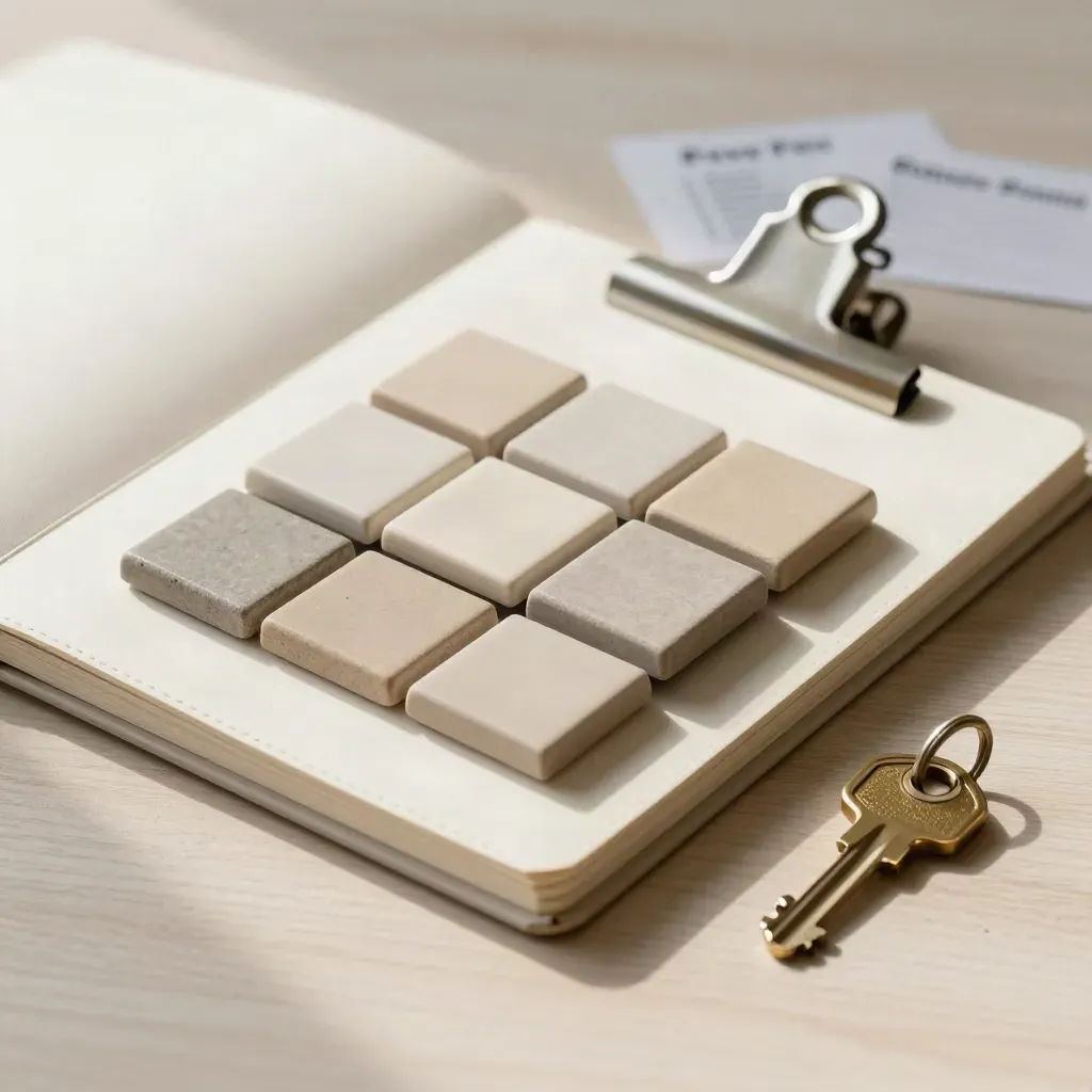 Closed binder with clips, sample tiles, and a brass key on pale wood.